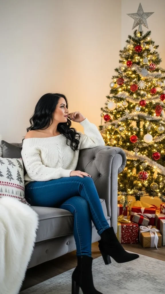 14. White Off-Shoulder Sweater Look