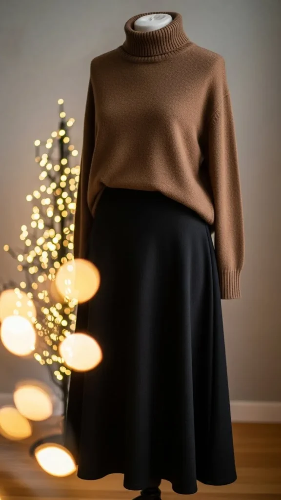 15. Brown Turtleneck With Black Midi Skirt