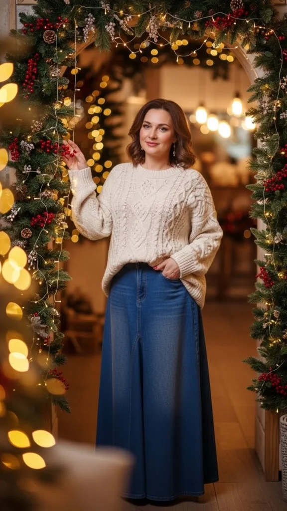 15. Long Denim Skirt With a Cozy Sweater