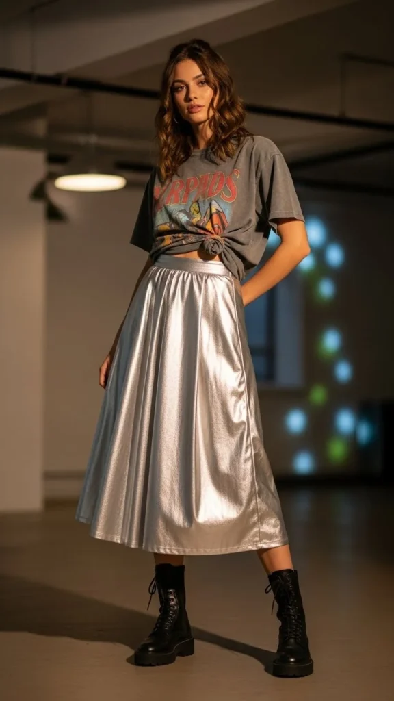 15. Metallic Skirt with a Casual Tee