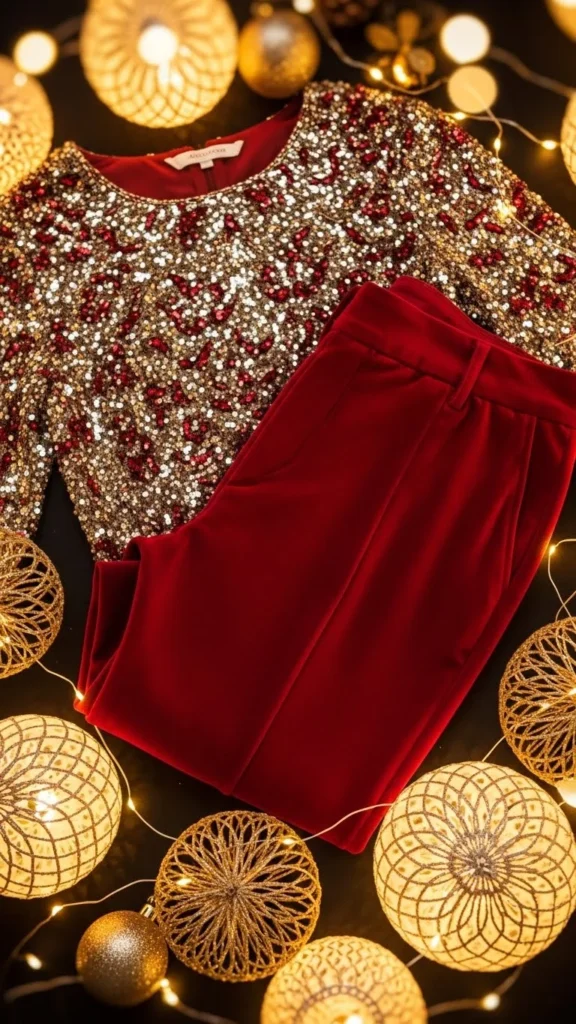 15. Red Velvet Pants With Sparkle Top