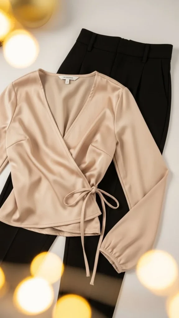 15. Satin Wrap Top With High-Waisted Pants