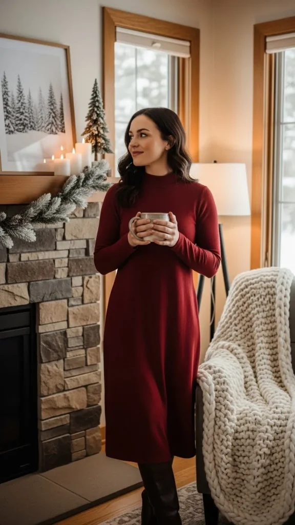 16. Red Mock-Neck Dress With Boots