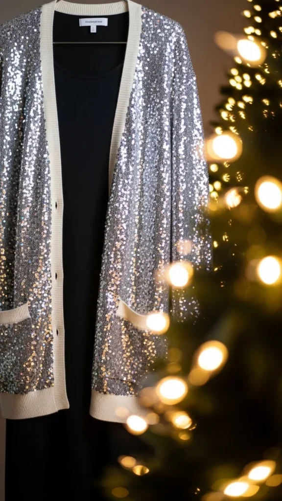 16. Sequin Cardigan Over Simple Dress