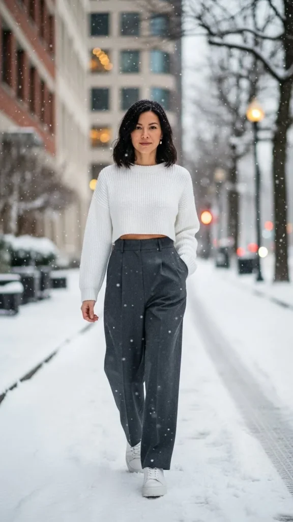16. White Crop Sweater with High-Waist Pants