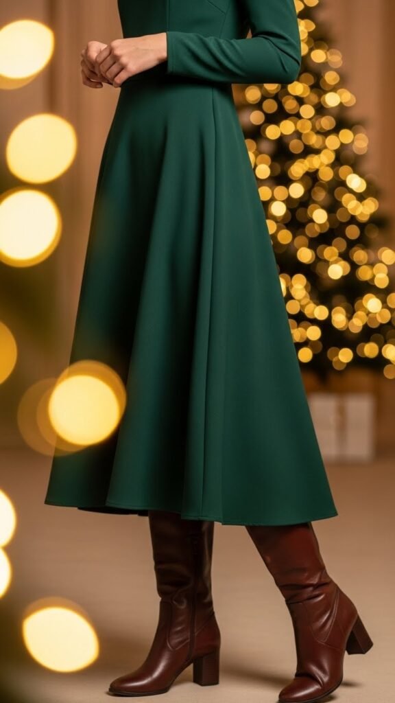 17. Dark Green Dress With Knee-High Boots