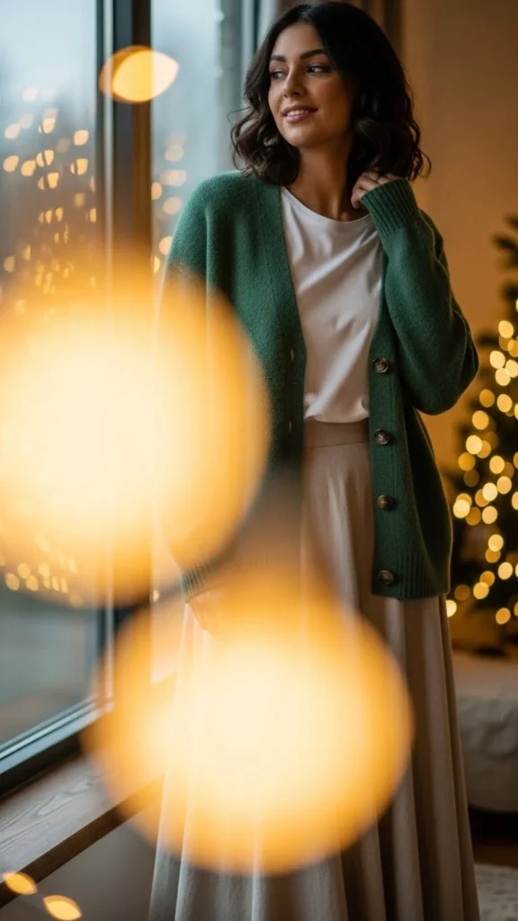 17. Green Cardigan + White Tee + Skirt