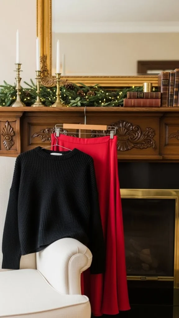 18. Black Sweater + Red Midi Skirt