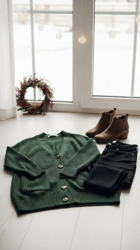 18. Green Cardigan With Black Skinny Jeans