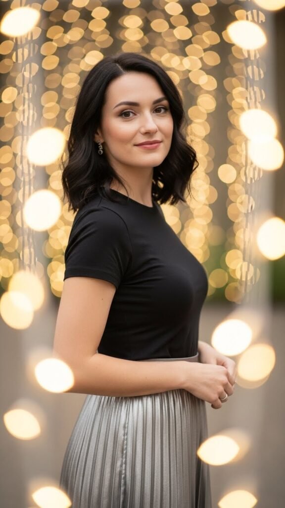 18. Metallic Pleated Skirt With a Black Tee