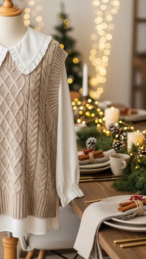 19. Beige Sweater Vest With White Blouse