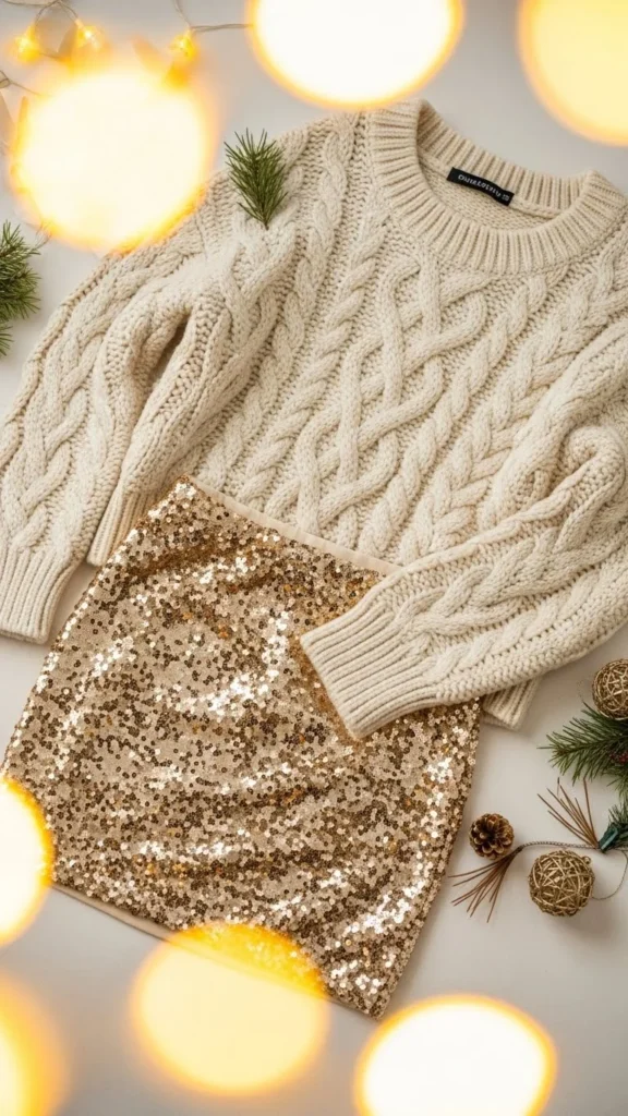 19. Gold Sequin Skirt With Chunky Knit