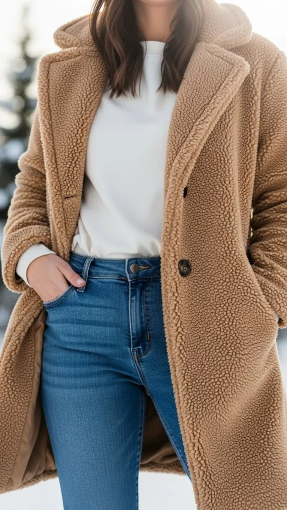 19. Teddy Coat + Jeans + White Top