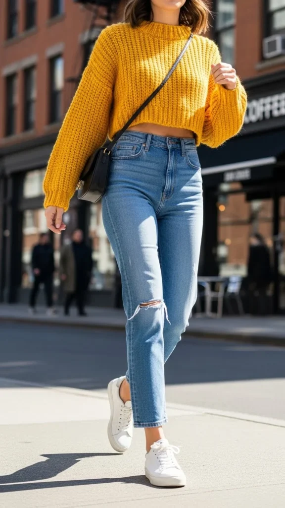 2. Cropped Sweater with High-Waisted Denim