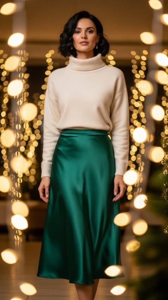 2. Emerald Satin Midi Skirt With Cream Turtleneck