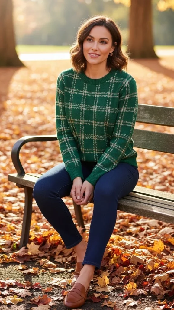 2. Green Plaid Sweater with Skinny Jeans