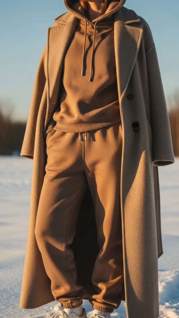 2. Long Wool Coat Over a Basic Sweatsuit