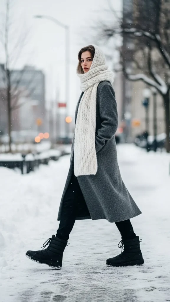 2. Long Wool Coat With Snow Boots