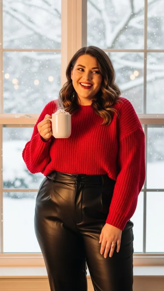 2. Red Knit Sweater with Black Leather Pants