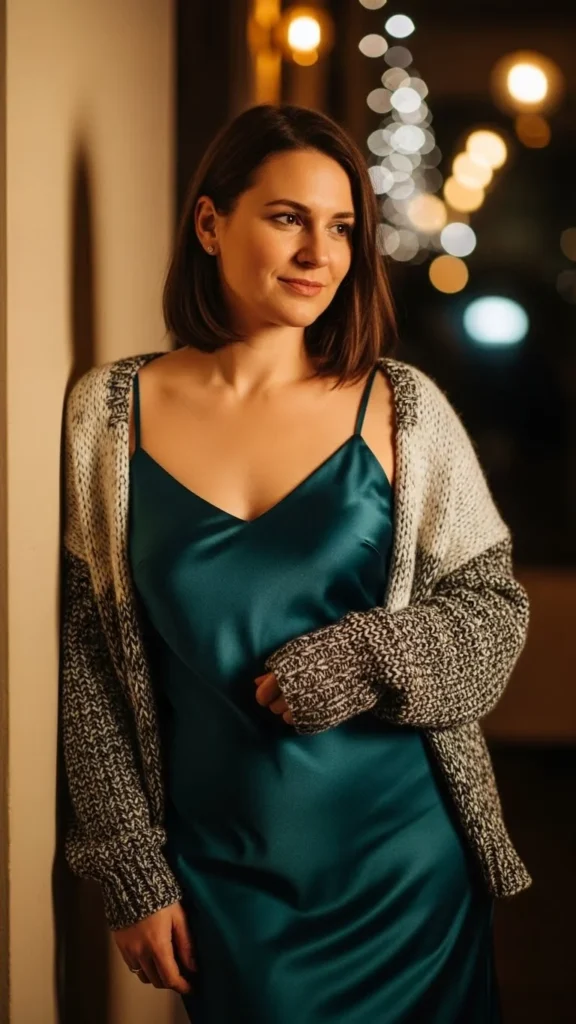 2. Satin Slip Dress with Chunky Knit