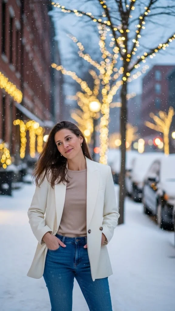 2. Snowy White Blazer with Jeans