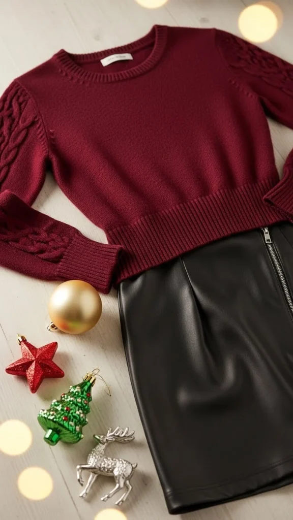 20. Burgundy Sweater + Black Mini Skirt