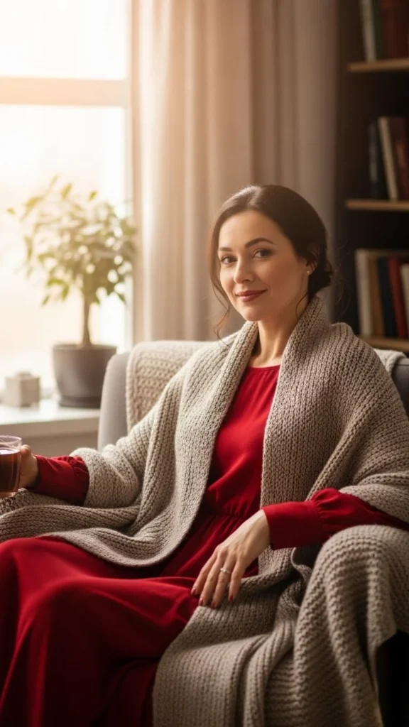 20. Red Dress With Neutral Shawl