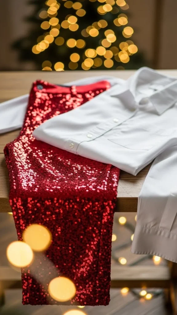 21. Red Sequin Pants With Simple White Shirt