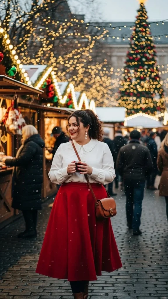 21. White Blouse with Red Midi Skirt