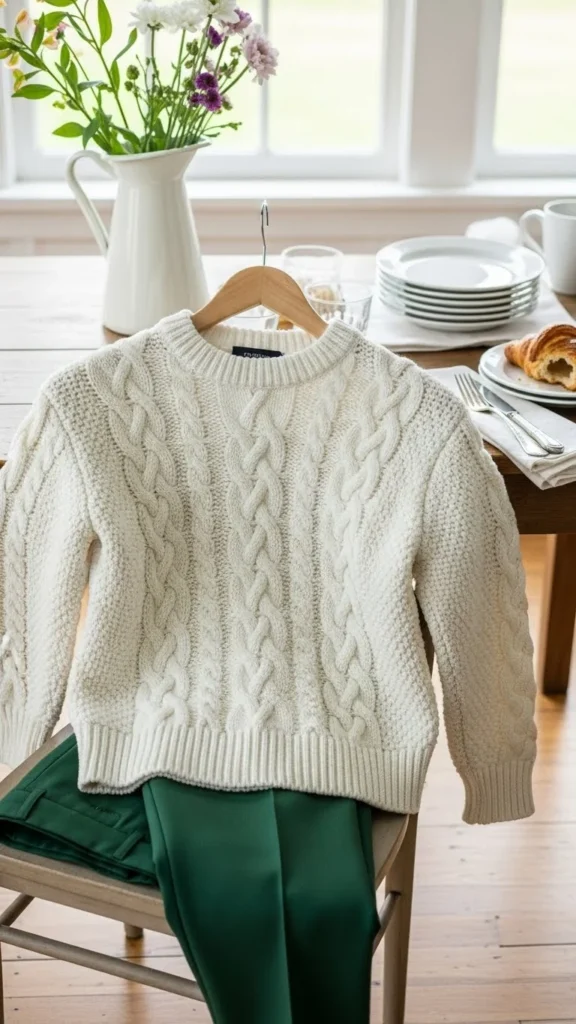 21. White Cable Sweater With Green Trousers