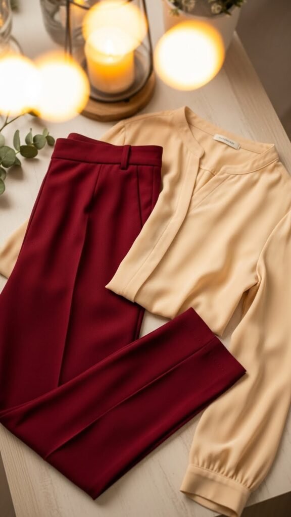 22. Burgundy Trousers With a Cream Top