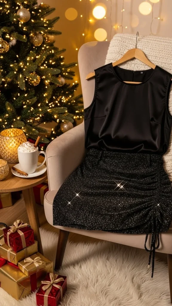 22. Glittery Black Skirt With Satin Top