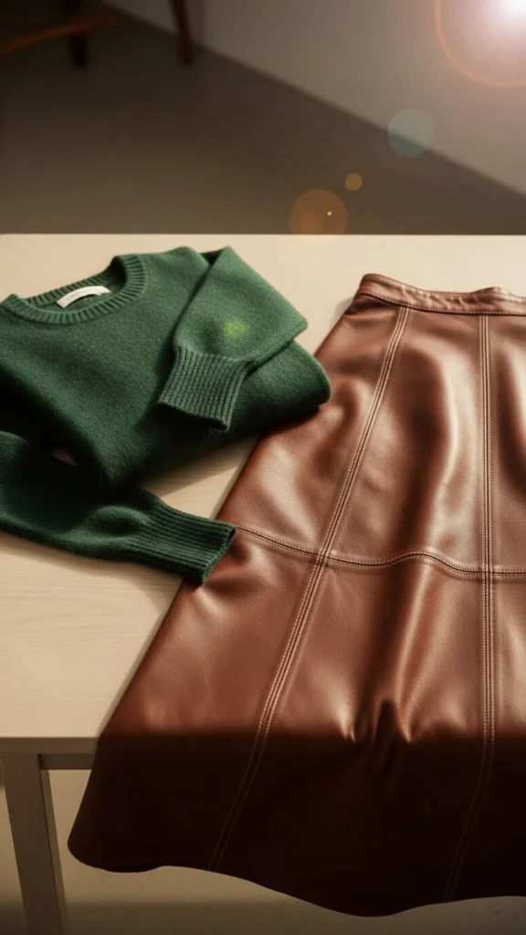 22. Green Knit + Brown Leather Skirt