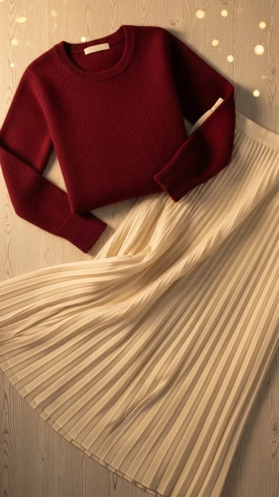 23. Burgundy Sweater With Pleated Skirt