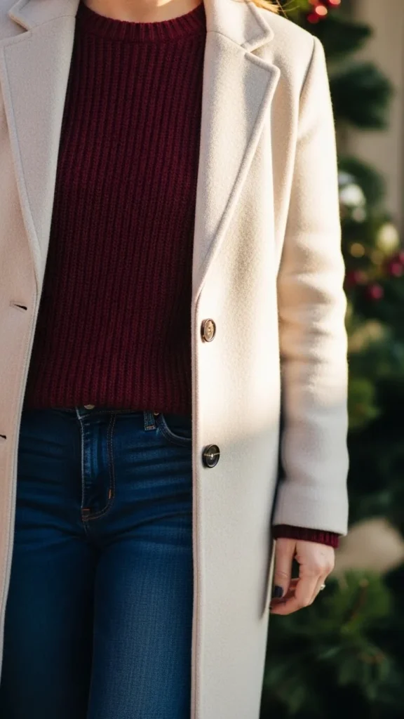 23. Cream Coat With Burgundy Sweater and Dark Jeans
