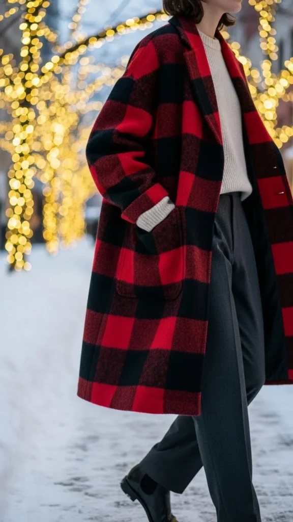 23. Red Plaid Coat Over Neutral Outfit