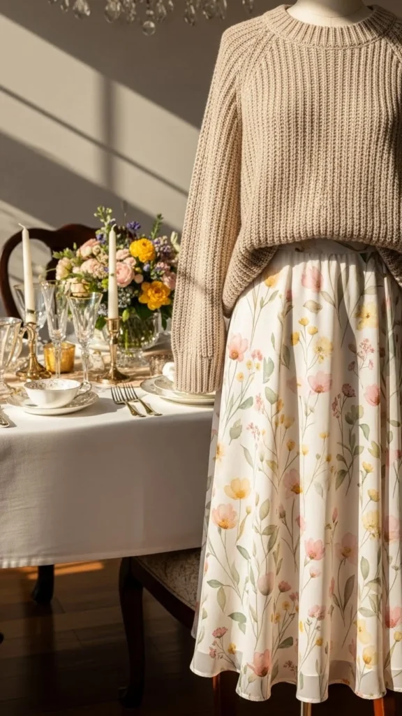24. Beige Knit Top With Floral Midi Skirt