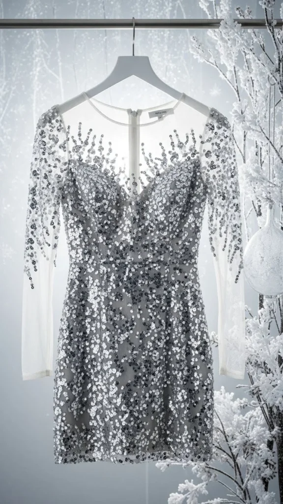 24. Silver Sequin Short Dress With Sheer Sleeves