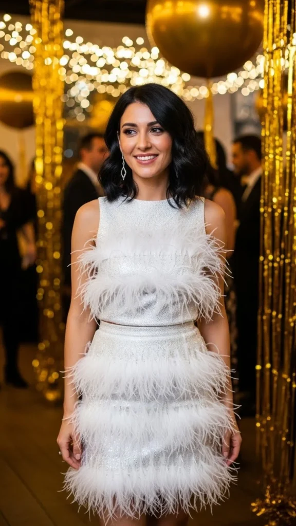 25. White Feather Trim Outfit