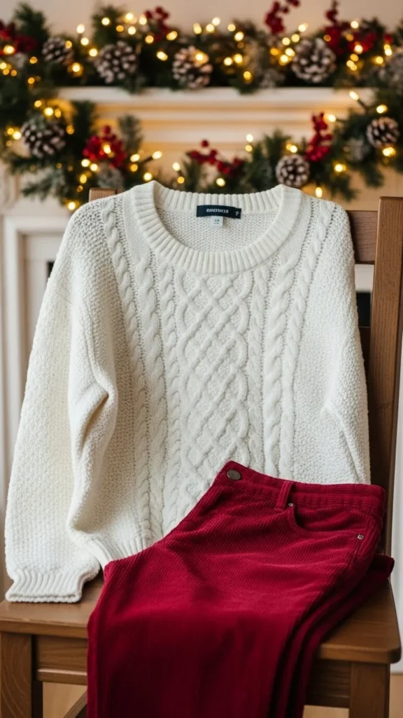 25. White Sweater + Red Corduroy Pants