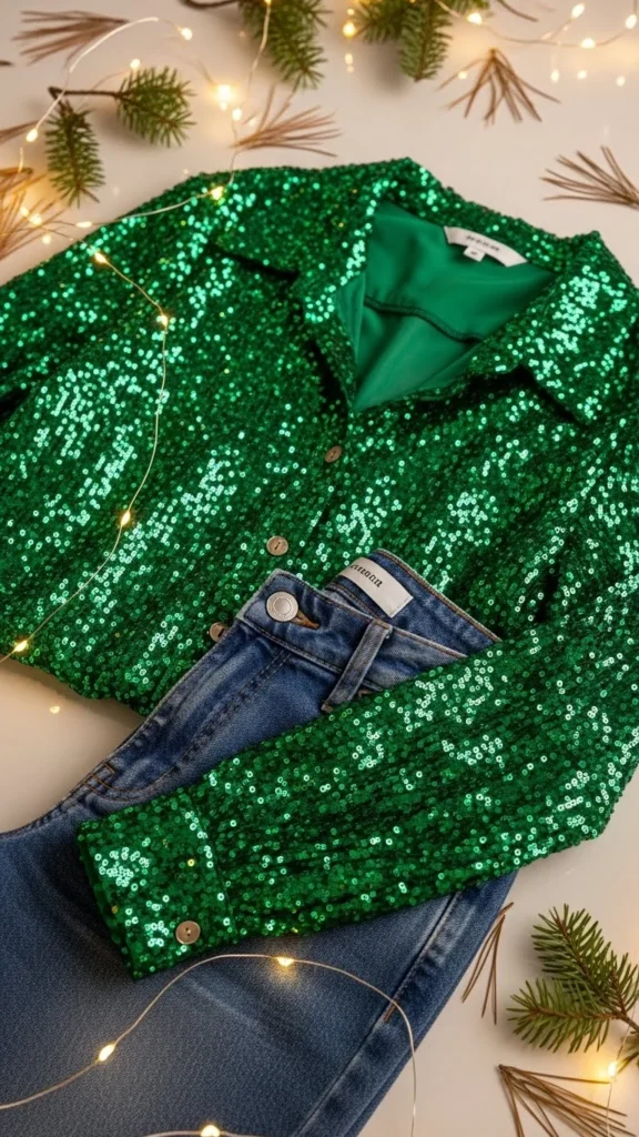 26. Green Sequin Blouse With Straight-Leg Jeans