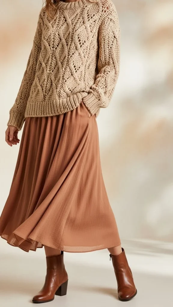 3. Chunky Knit with Midi Skirt