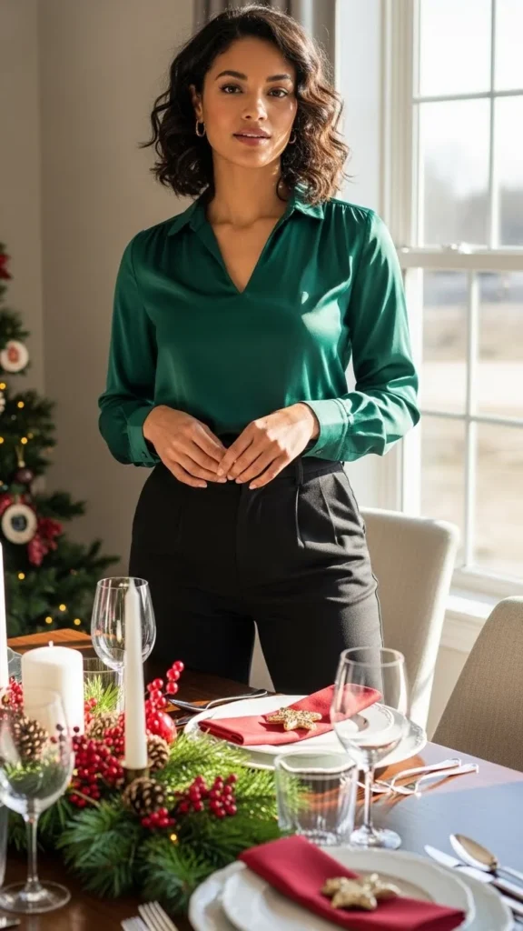 3. Forest Green Satin Blouse