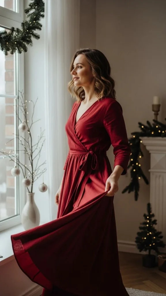 3. Long-Sleeve Red Wrap Dress