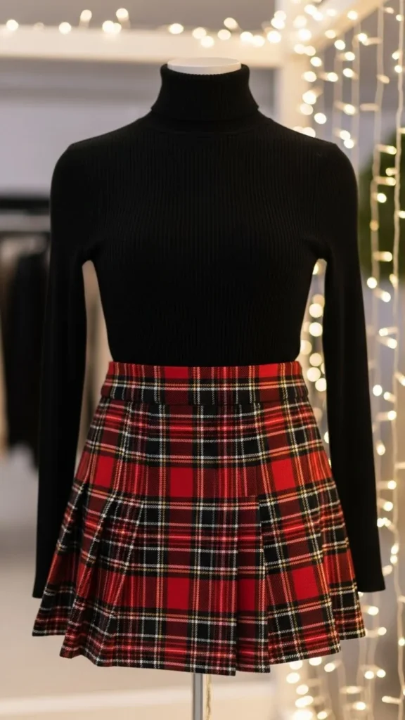3. Plaid Mini Skirt + Black Turtleneck