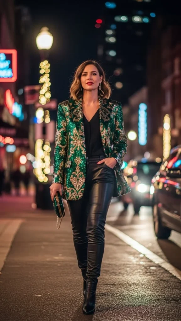 3. Statement Blazer with Leather Pants