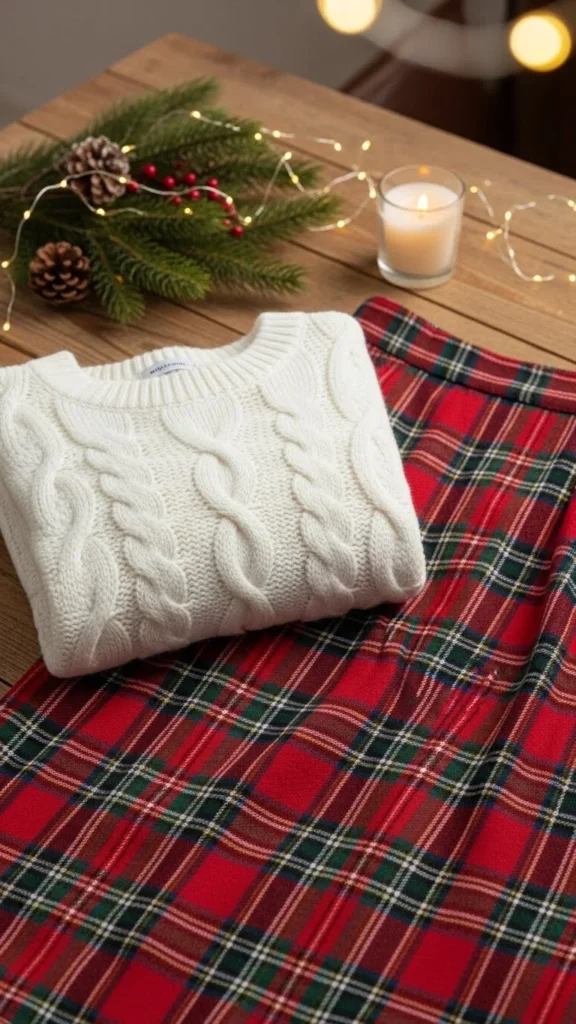 3. White Sweater With Plaid Midi Skirt