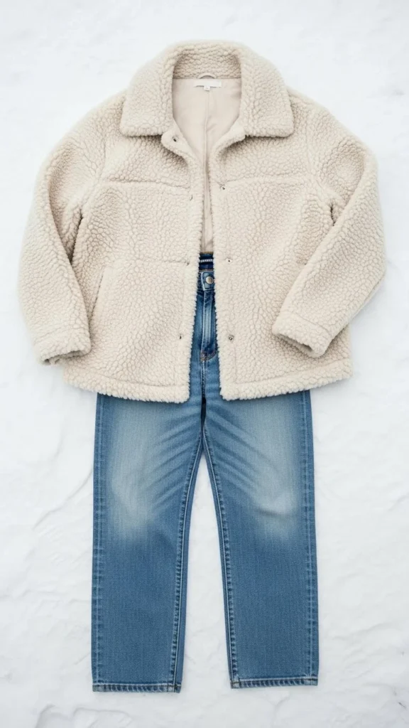 4. Fluffy Sherpa Jacket + Straight-Leg Jeans