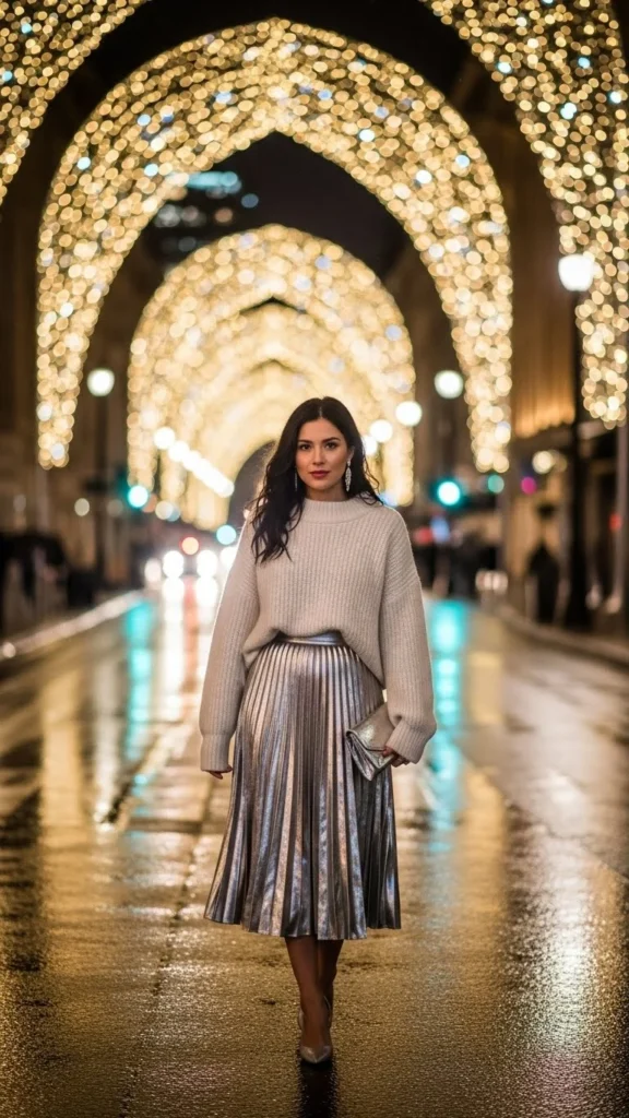 4. Metallic Skirt with a Soft Knit