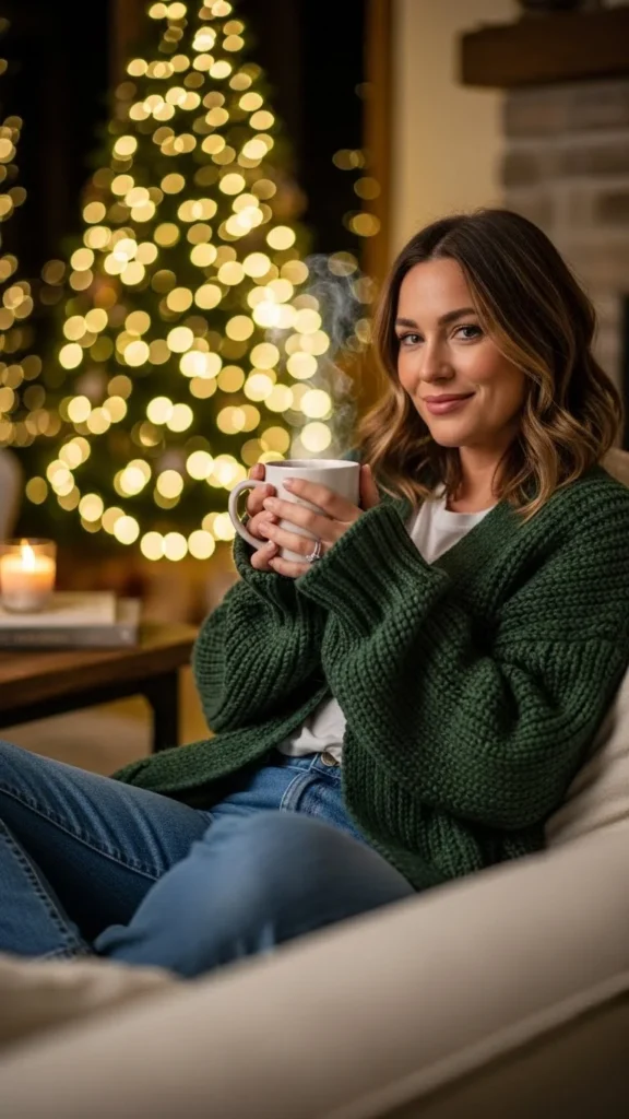 4. Oversized Green Cardigan and Jeans